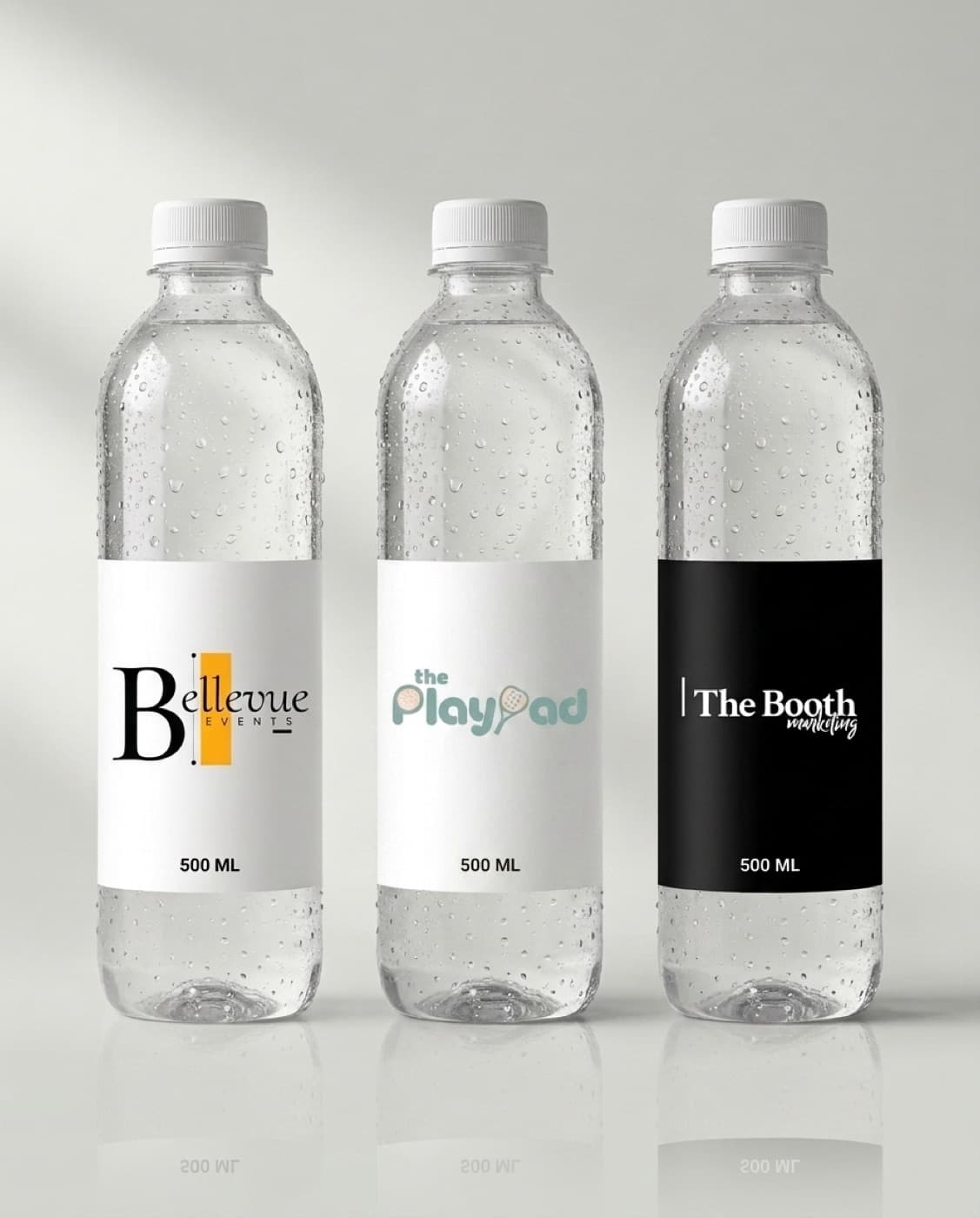 Custom-branded water for Bellevue Events, The PlayPad, and The Booth Marketing